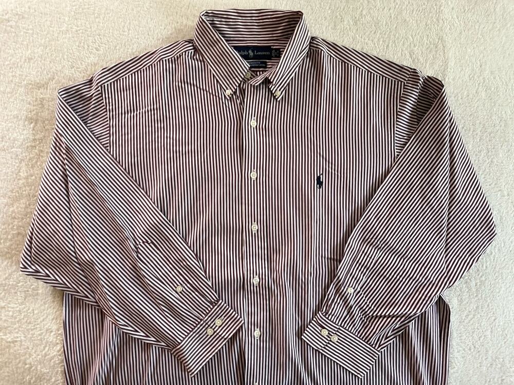 Vintage Ralph Lauren Yarmouth Pinpoint Maroon Striped Oxford Shirt Mens 17 32/33
